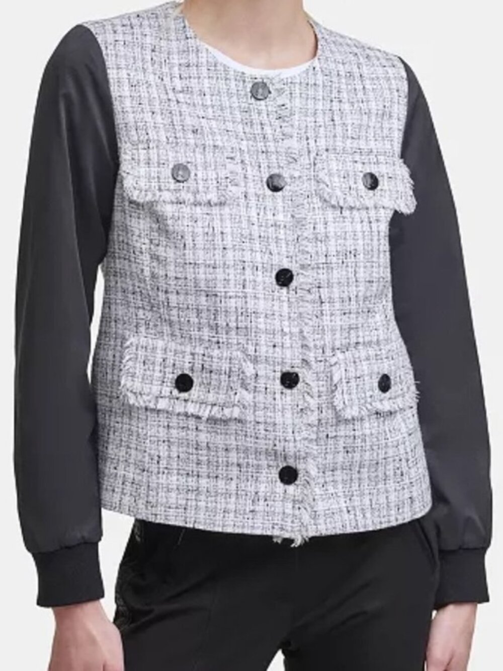 Karl Lagerfeld Paris Tweed Bomber Jacket—please carefully check the measurements